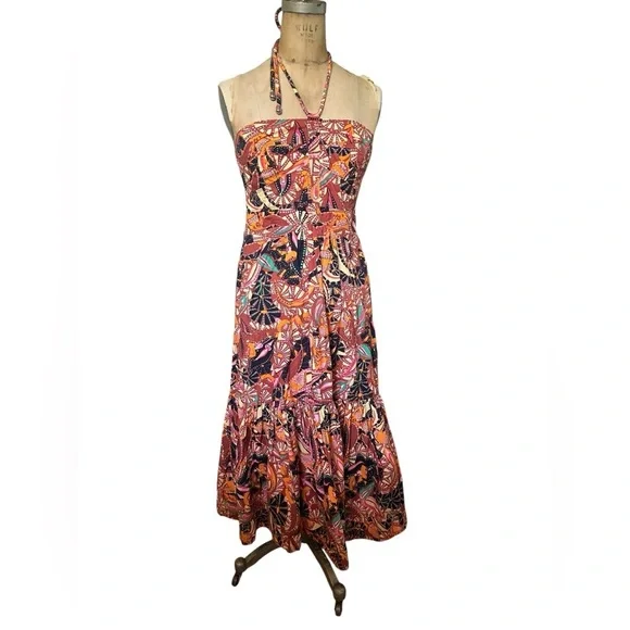 ALC Adelle Tiered Halter Dress Midi Length Tropical Print Size 8 Cotton Vacation - Picture 2 of 8